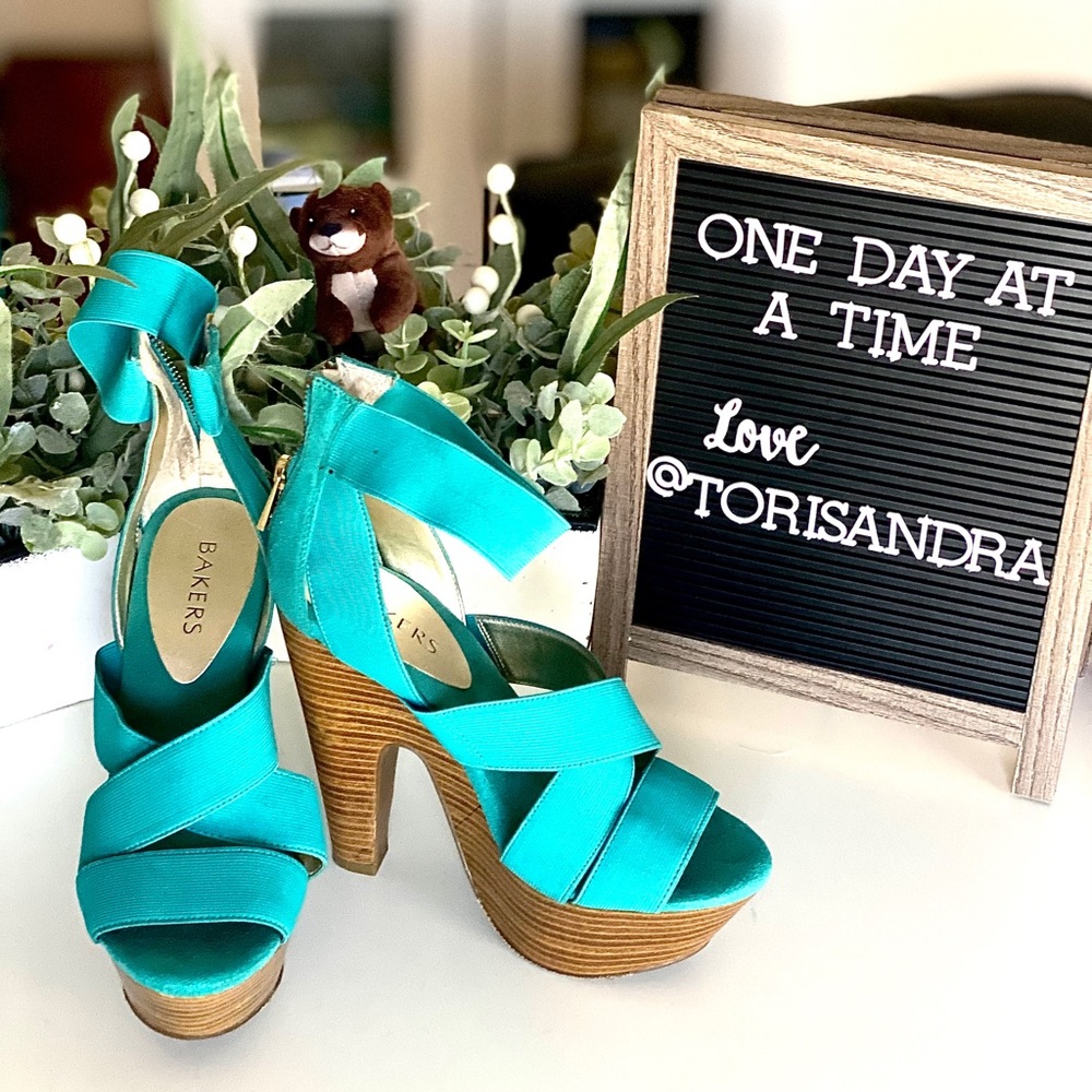 Turquoise platform wood heels